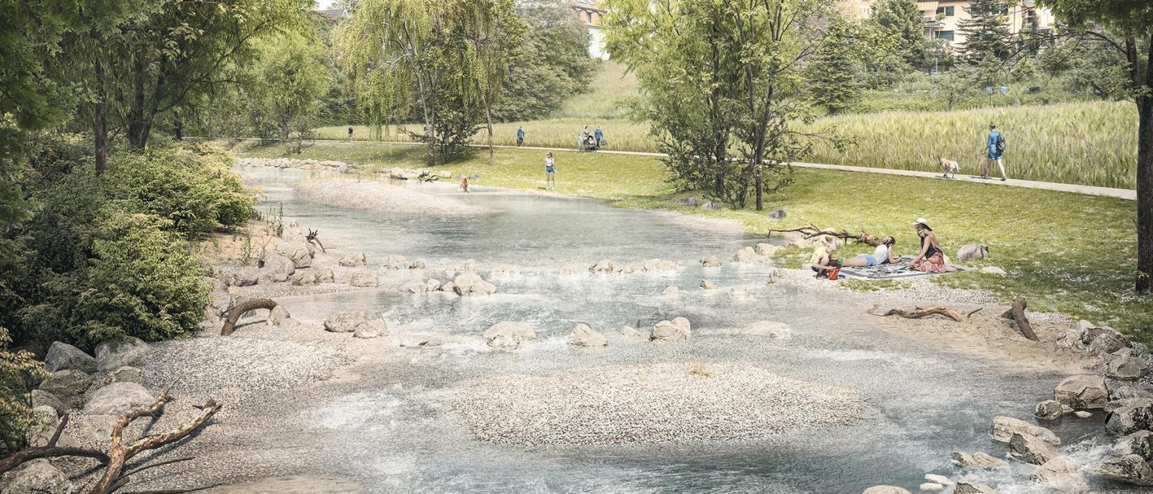 Das Bild zeigt eine Visualisierung der umgestalteten Reppisch nach der Realisierung der Massnahmen. Dargestellt ist der revitalisierte Fluss mit Kiesinseln und Bäumen. Zudem sind die flachen Zugänge zum Gewässer sichtbar. Menschen nutzen die Reppisch als Erholungs- und Freizeitraum. Rechts ist ein Fussweg dargestellt. 