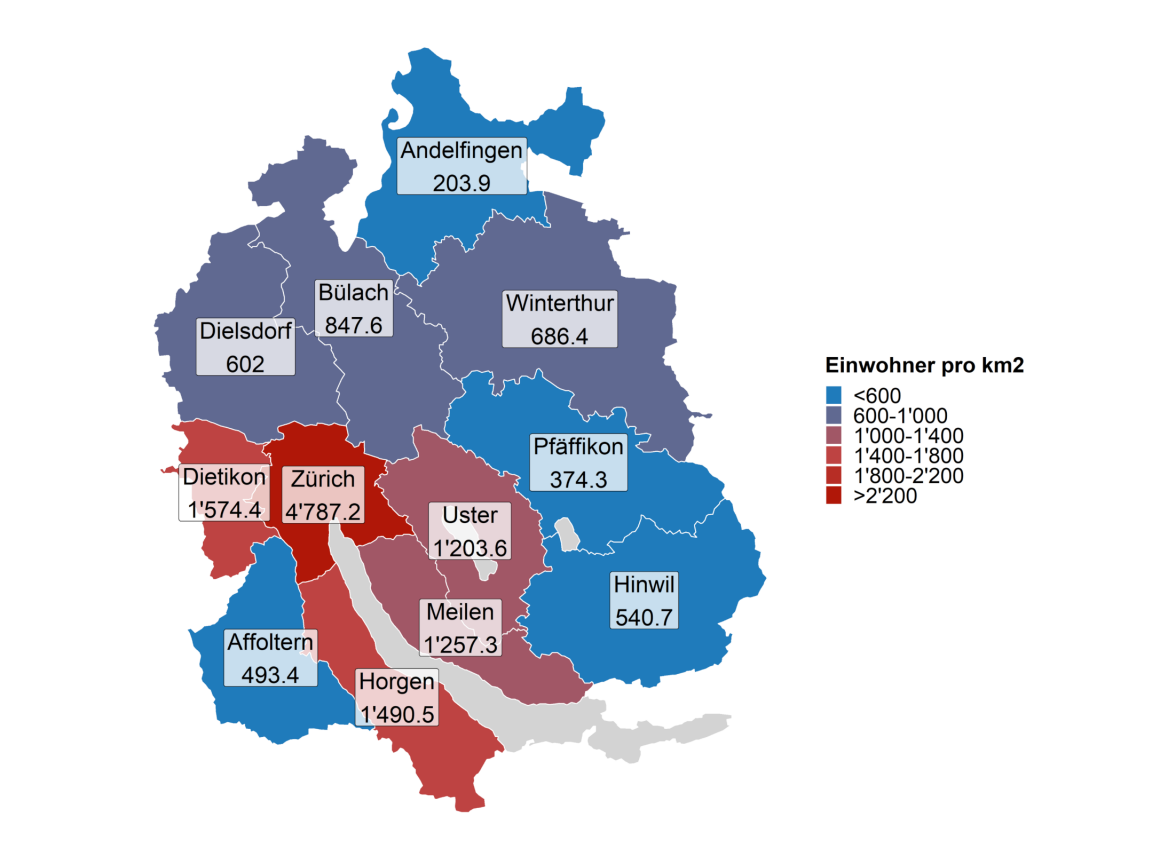 Karte mit den Bezirken des Kantons Zürich, nach Bevölkerungsdichte. Sie zeigt, dass die Bevölkerungsdichte in den städtischen Bezirken Zürich, Horgen, Meilen, Uster und Dietikon am höchsten ist. Die detaillierten Datenreihen dazu finden Sie bei den Downloads