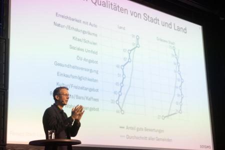 Ein Mann steht vor einer Leinwand mit Diagrammen und redet.