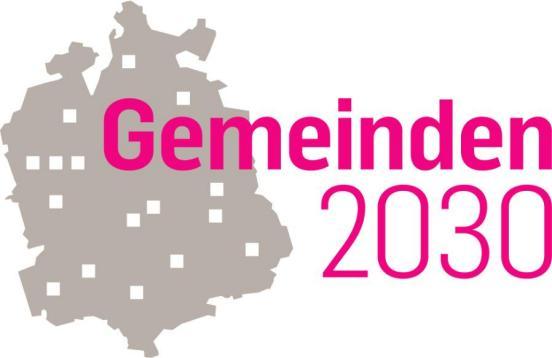 Logo des Projekts Gemeinden 2030, Schriftzug auf Kantonsumriss; Punkty symbolisieren Gemeinden