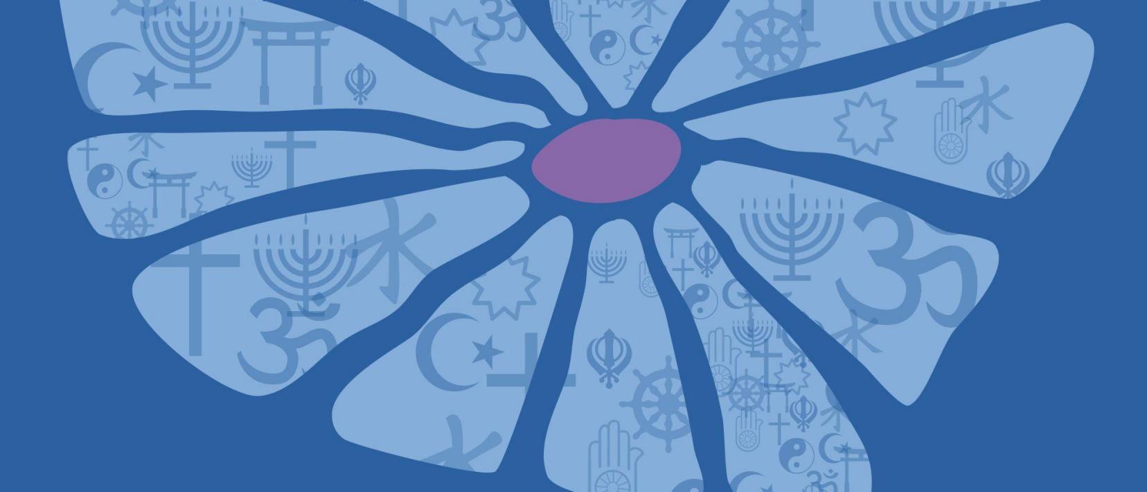 Symbolbild, Symbole der Weltreligionen abgebildet auf Blütenblättern