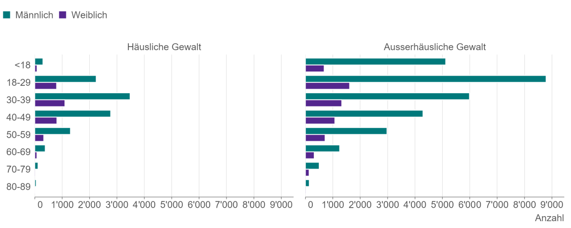 Balkendiagramm, das die Anzahl der mutmasslichen Tatpersonen im häuslichen und ausserhäuslichen Umfeld nach Geschlecht und Altersgruppe zeigt.