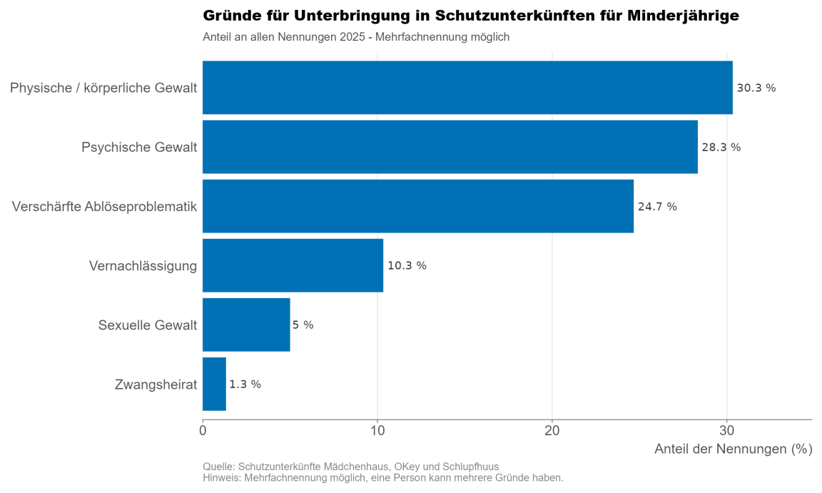 Balkendiagramm, das die Gründe für eine Unterbringung in Schutzunterkünften für Jugendliche zeigt.