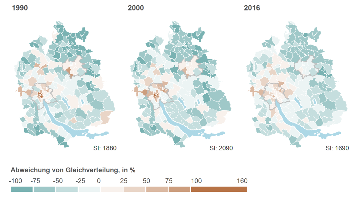 Karte zur räumlichen Verteilung der ausländischen Wohnbevölkerung.