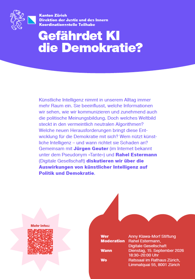 eranstaltungsflyer zur Diskussion «Gefährdet KI die Demokratie?» an der Demokratiewoche 2026.