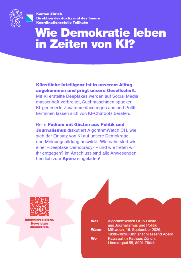 Veranstaltungsflyer zum Podium «Wie Demokratie leben in Zeiten von KI?» an der Demokratiewoche 2026.