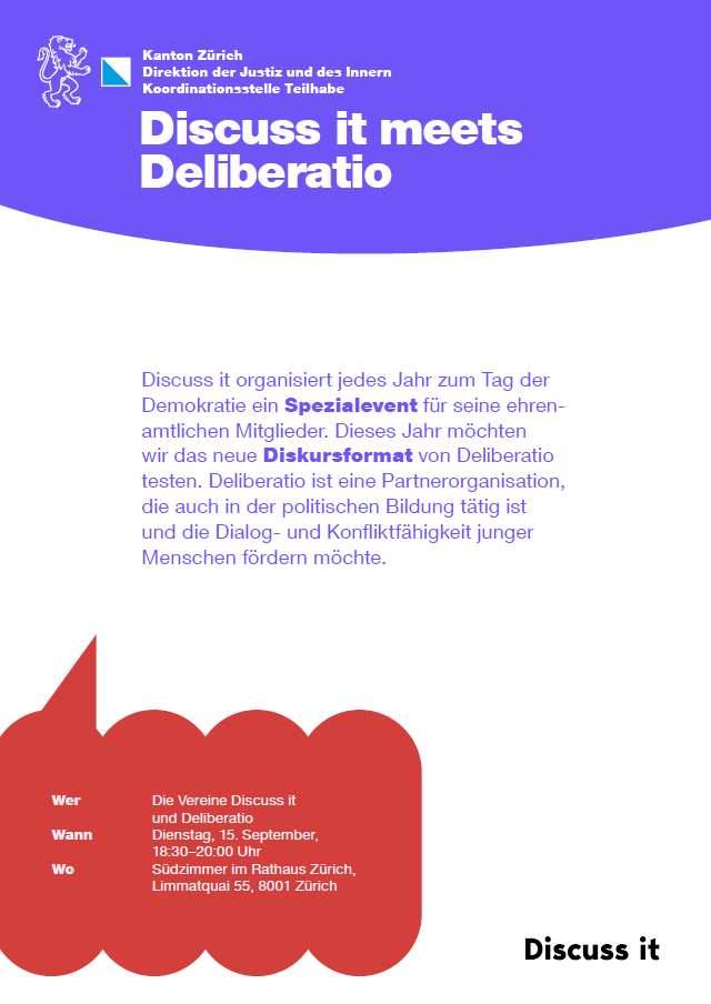 Veranstaltungsflyer zu «Discuss it meets Deliberatio» an der Demokratiewoche 2026.