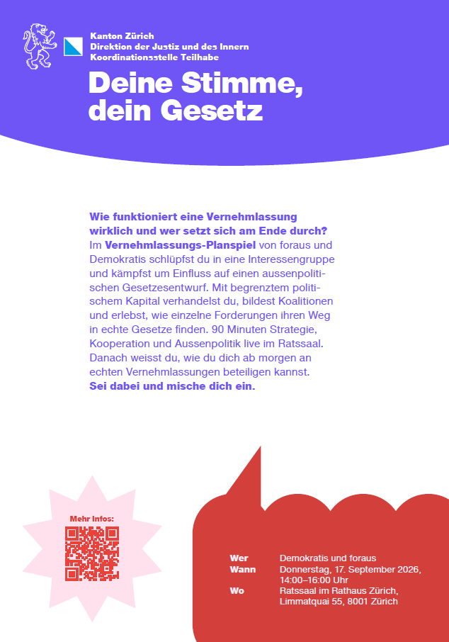 Veranstaltungsflyer zum Vernehmlassungs-Planspiel «Deine Stimme, dein Gesetz» an der Demokratiewoche 2026.