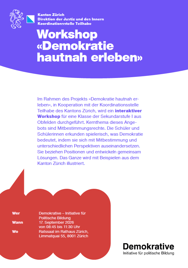 Veranstaltungsflyer zum Workshop «Demokratie hautnah erleben» an der Demokratiewoche 2026.