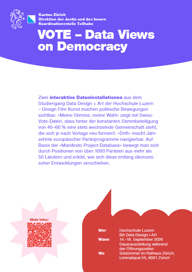 Veranstaltungsflyer zu den interaktiven Dateninstallationen «VOTE – Data Views on Democracy» an der Demokratiewoche 2026.