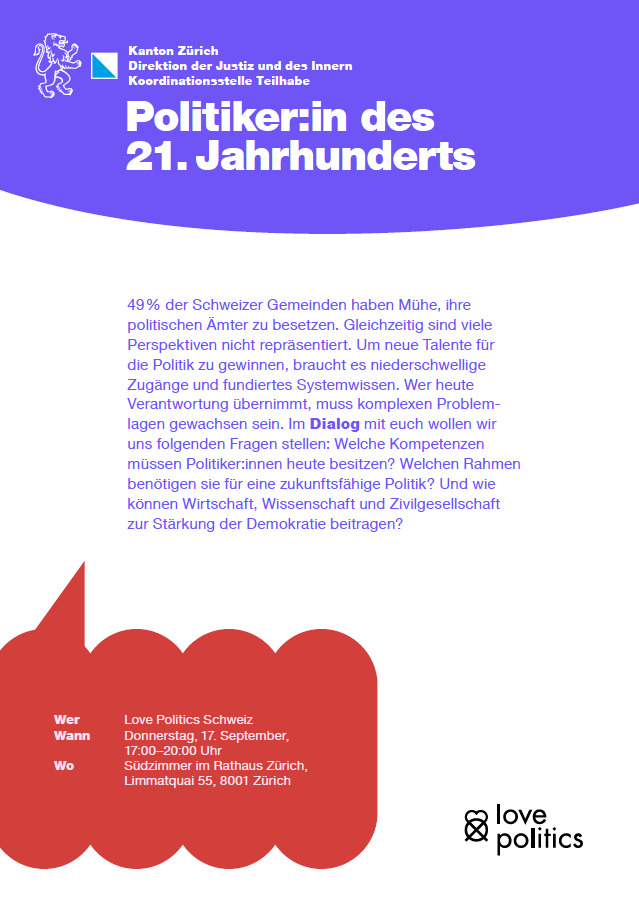 Veranstaltungsflyer zum Dialog «Politiker:in des 21. Jahrhunderts» an der Demokratiewoche 2026.