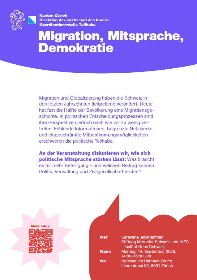 Veranstaltungsflyer zur Veranstaltung «Migration, Mitsprache, Demokratie» an der Demokratiewoche 2026.