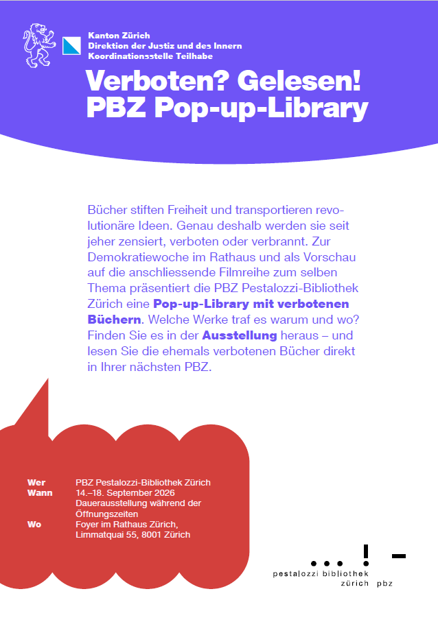 Veranstaltungsflyer zur Pop-up-Library «Verboten? Gelesen!» an der Demokratiewoche 2026.