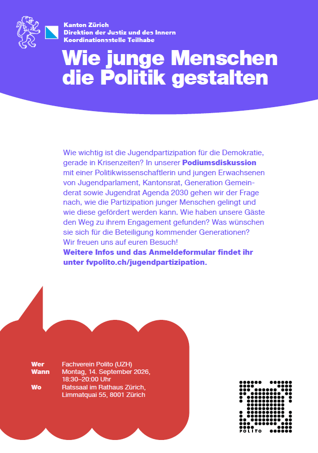 Veranstaltungsflyer zur Podiumsdiskussion «Wie junge Menschen die Politik gestalten» an der Demokratiewoche 2026.