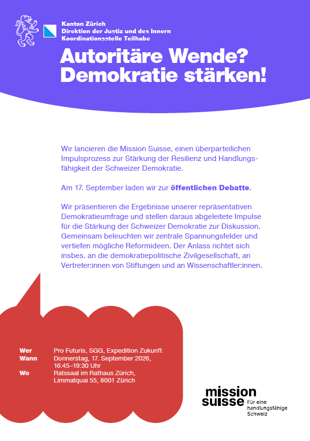 Veranstaltungsflyer zur öffentlichen Debatte «Autoritäre Wende? Demokratie stärken!» an der Demokratiewoche 2026.
