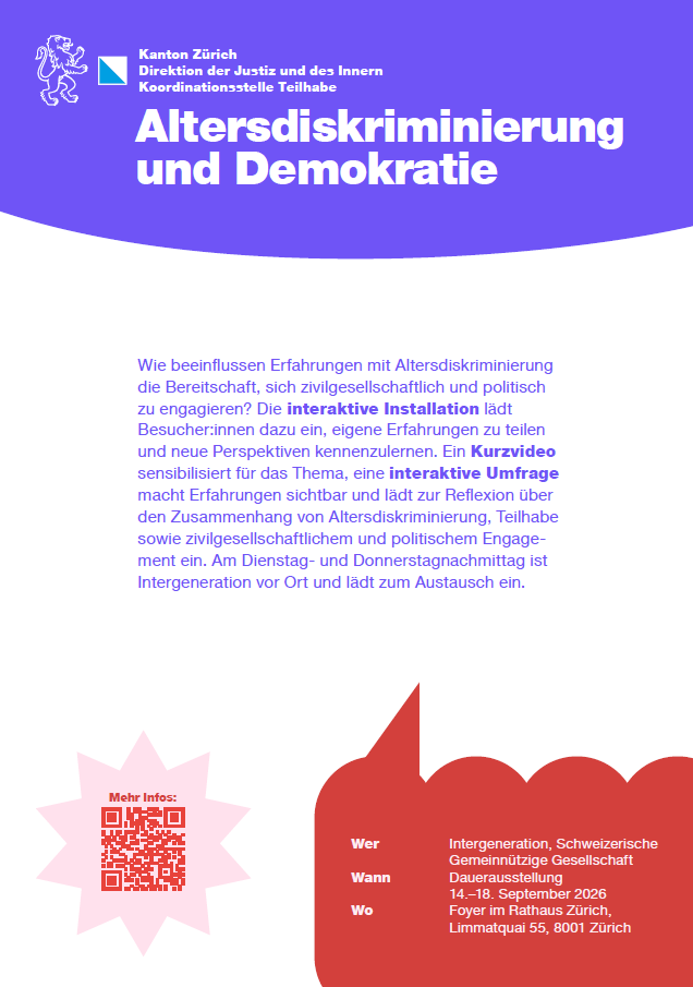 Veranstaltungsflyer zur interaktiven Installation «Altersdiskriminierung und Demokratie» an der Demokratiewoche 2026.