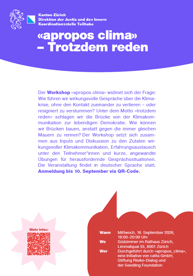 Veranstaltungsflyer zum Workshop «apropos clima – Trotzdem reden» an der Demokratiewoche 2026.