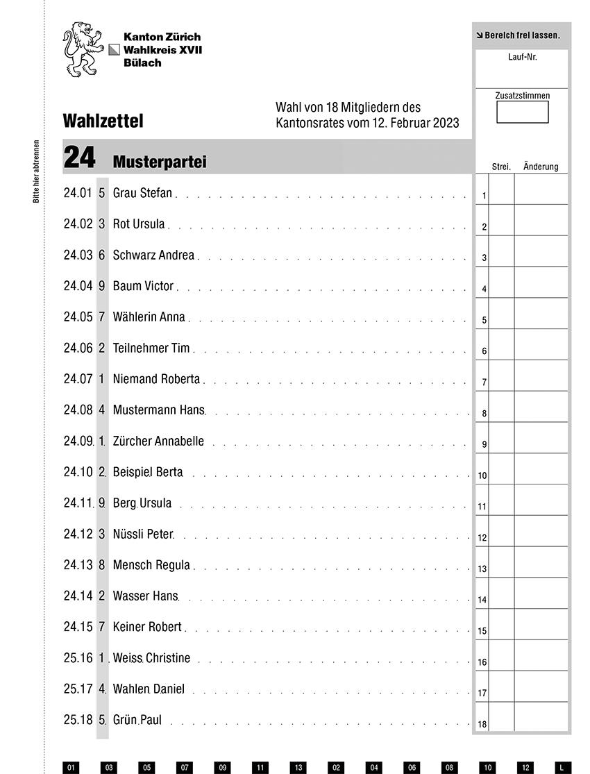Bild Beispiel Wahlzettel für den Kantonsrat
