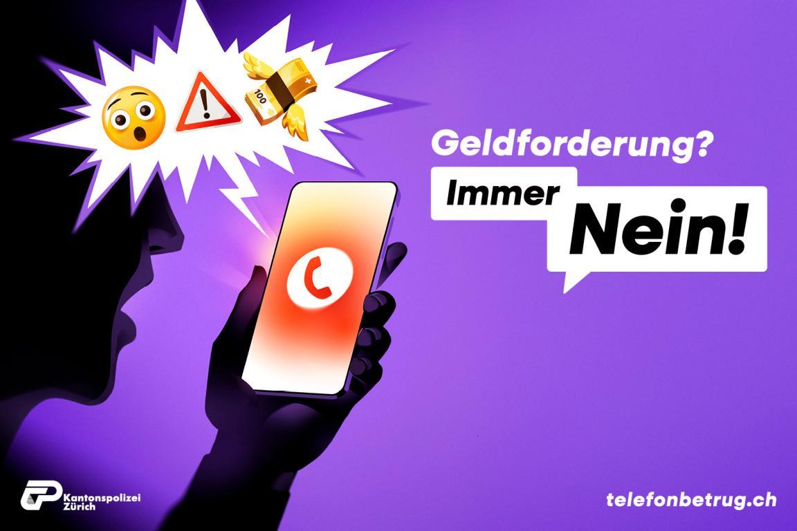Visualisierte Darstellung für Telefonbetrug. Eine Person hält ein Mobiltelefon in der Hand, aus dem Telefon kommen Icons wie Geld, Achtung. Daneben der Schriftzug «Geldforderung? Immer Nein!»