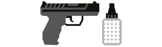 Zeichnung einer Pistole in schwarz und grau und braun. Der Lauf ist  etwas länger als der Griff. Rechts der Waffe steht ein Behälter mit kleinen Airsoft-Kügelchen.