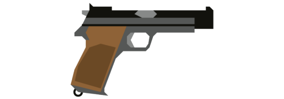 Zeichnung einer Pistole in schwarz, grau und braun. Der Griff ist braun, der Lauf etwa doppelt so lang wie der Griff.