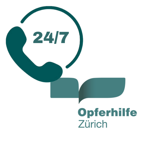 Telefonhörer mit der Angabe 24/7-Verfügbarkeit, dazu das Logo der Opferhilfe Zürich