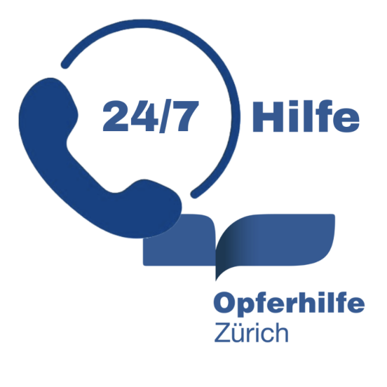 Telefonhörer mit der Angabe 24/7-Verfügbarkeit in dunkelblau, dazu das Logo der Opferhilfe Zürich