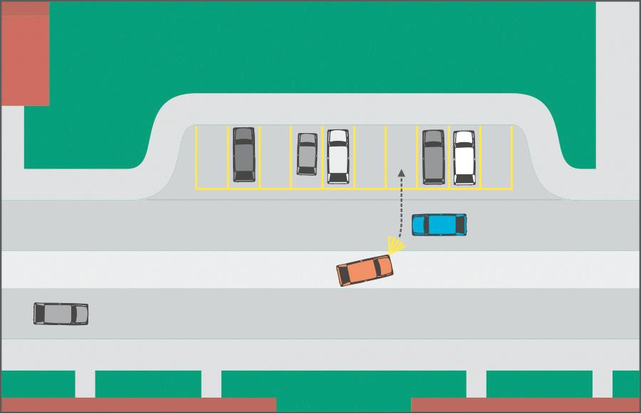 Bildliche Darstellung eines Fahrzeuges, welches den Mehrzweckstreifen zum Abbiegen in ein Parkfeld benützt