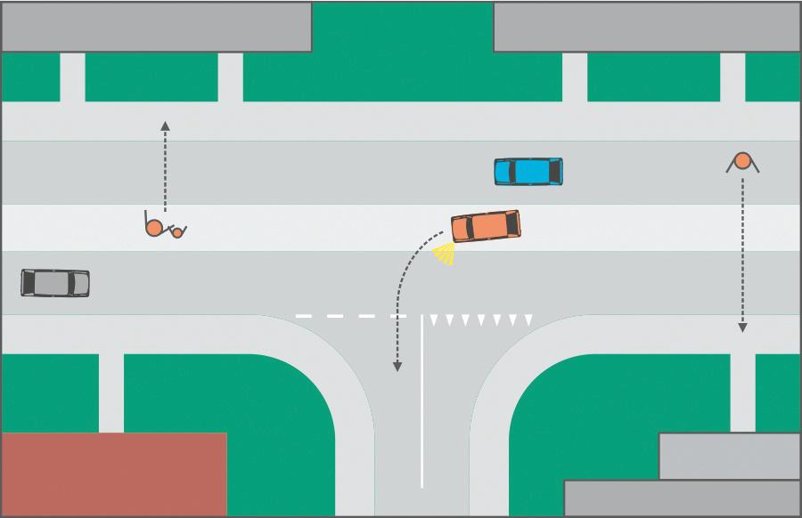 Bildliche Darstellung eines Fahrzeuges, welches den Mehrzweckstreifen zum Abbiegen benützt