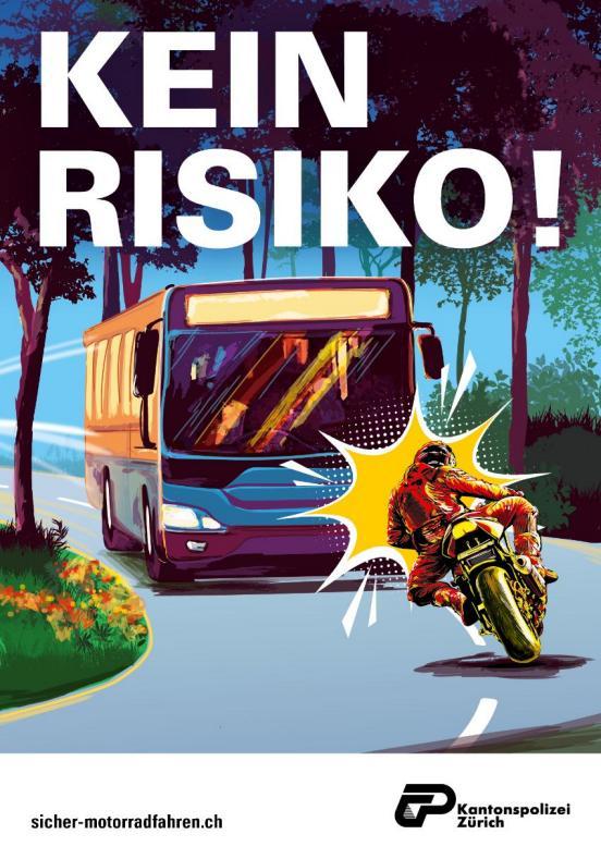 Flyer zum Thema «Kein Risiko» beim Motorradfahren. Das Sujet zeigt ein Motorradlenker und ein Bus und es kommt beinahe zur Kollision.