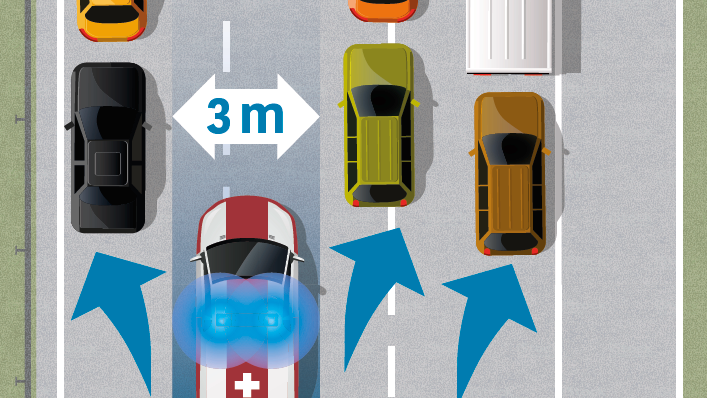 Schematisch dargestellte Motorfahrzeuge auf einer Autobahn, die für ein Rettungsfahrzeug eine Gasse bilden