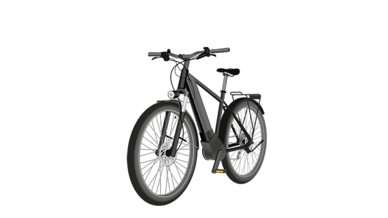 Schwarzes Elektro-Bike (Leicht-Motorfahrrad) von der Seite, das auf Sicherheitsempfehlungen im Strassenverkehr hinweisen soll.