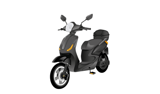 Darstellung eines schwarz-anthrazitfarbenen Elektro-Rollers mit einem Topcase auf dem Gepäckträger und gelben Pedalen als Illustration für die Kategorie Leicht-Motorfahrräder.