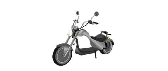 Illustration eines grauen Elektro-Scooters in Chopper-Optik mit breiten Reifen, Scheinwerfer und Sitz, von der Seite dargestellt.