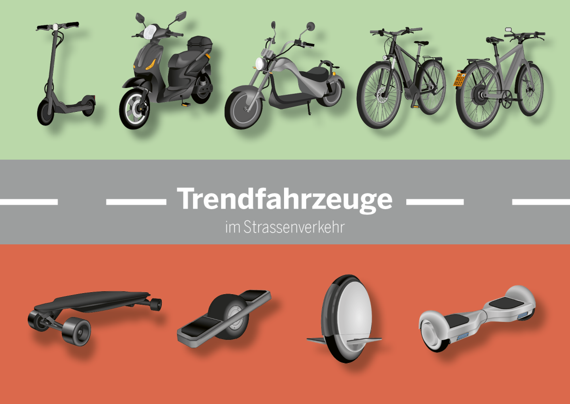 Infografik: Zugelassene und nicht zugelassene Trendfahrzeuge im Strassenverkehr, wie «Elektro-Trottinett», «Elektro-Bike» und «Hoverboard».