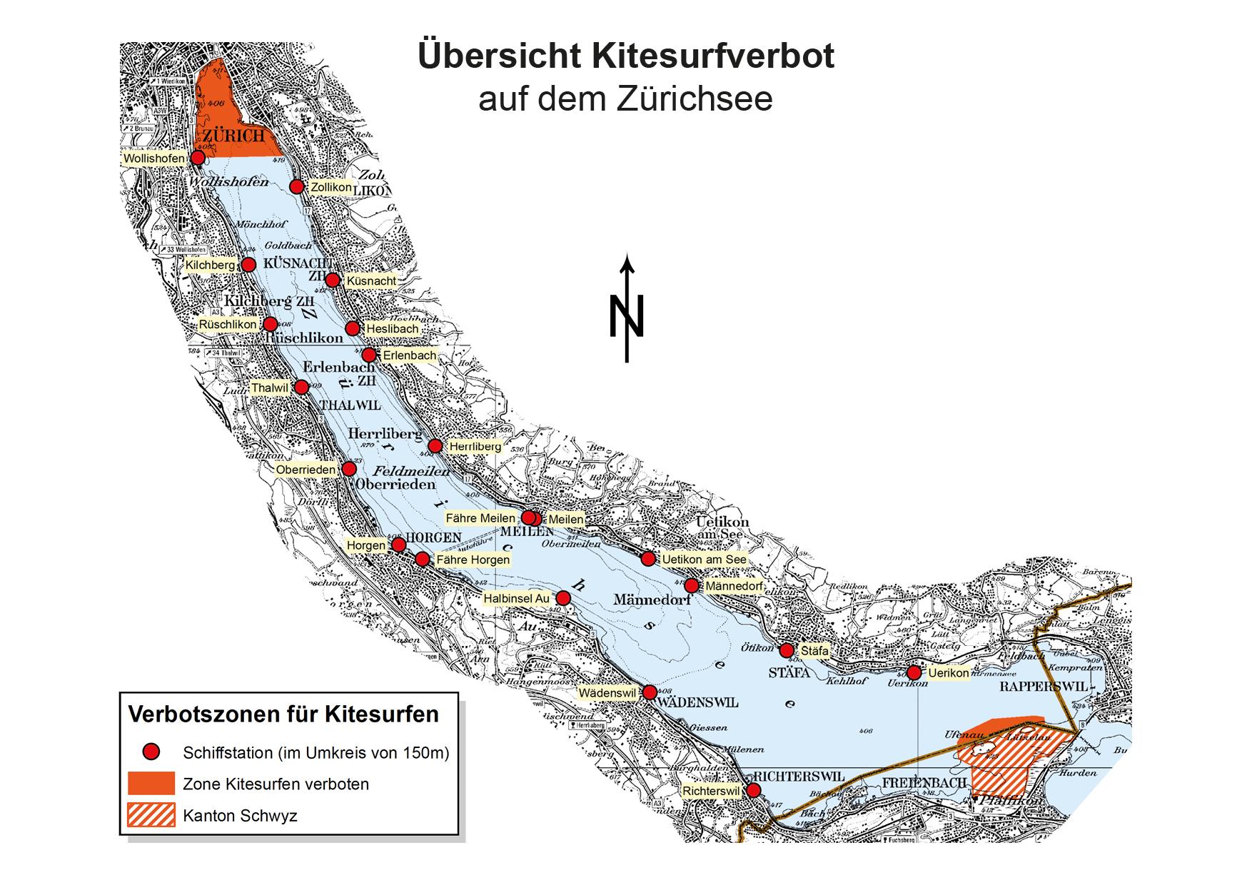 Diese Übersichtskarte zeigt den Zürichsee mit den beiden Kitesurfverbotszonen im Seebecken von Zürich und auf dem Gebiet des Kantons Schwyz.