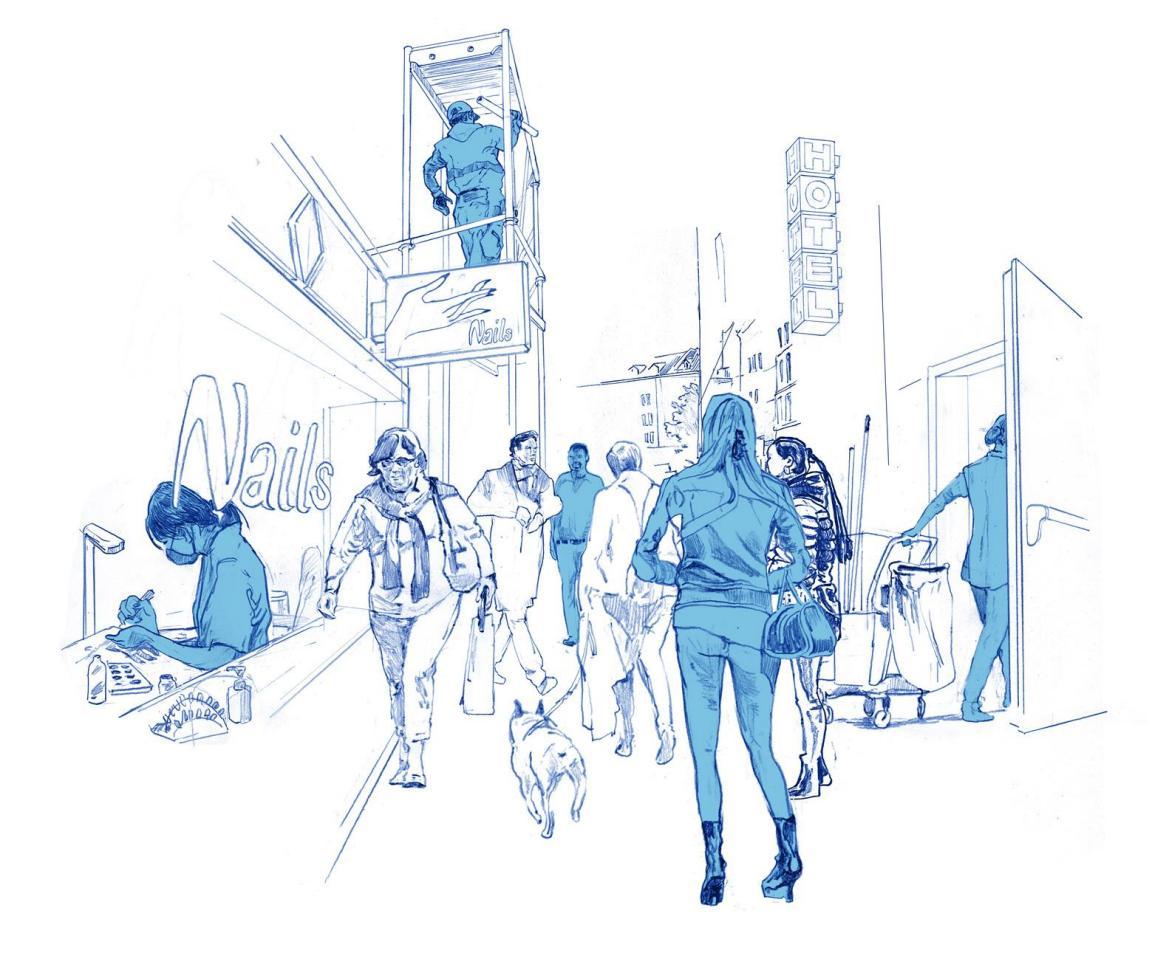 Illustration zeigt Menschen in Branchen, die häufig vom Menschenhandel profitieren: Reinigung, Nagelstudios, Baubranche, Sexgewerbe