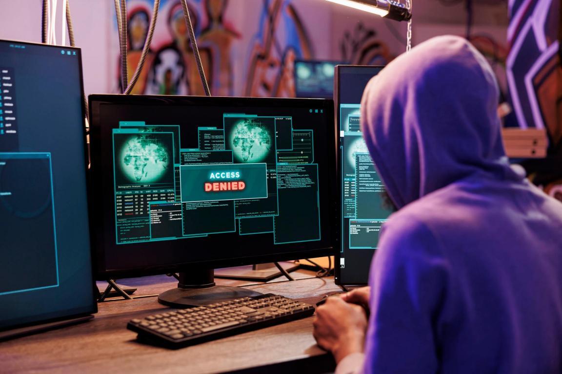 KI generiertes Foto: Krimineller versucht, in ein Computersystem einzudringen, erhält jedoch keinen Zugriff.