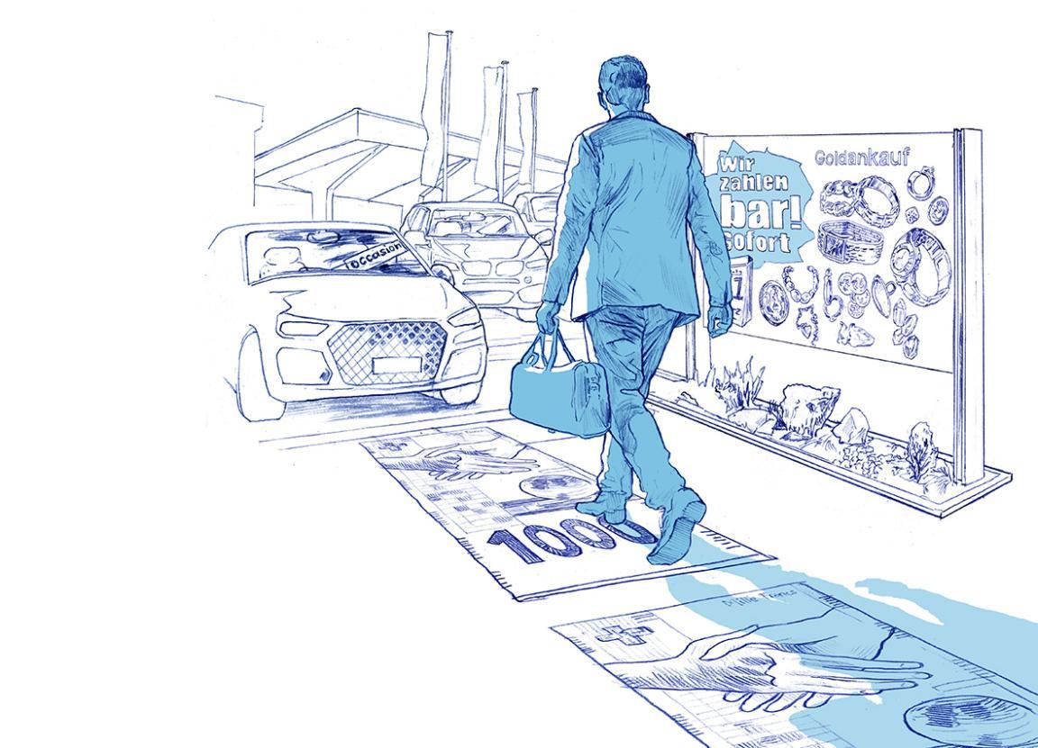 Illustration eines Mannes mit Aktentasche, der über grosse Tausendernoten läuft. Im Hintergrund stehen Autos, ein Goldankauf-Schild und Gebäude – als Hinweis auf Bargeld.