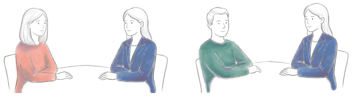 Zeichnung: Mediatorin sitzt mit Frau am Tisch, links im Bild. Mediatorin sitzt mit Mann am Tisch, rechts im Bild.