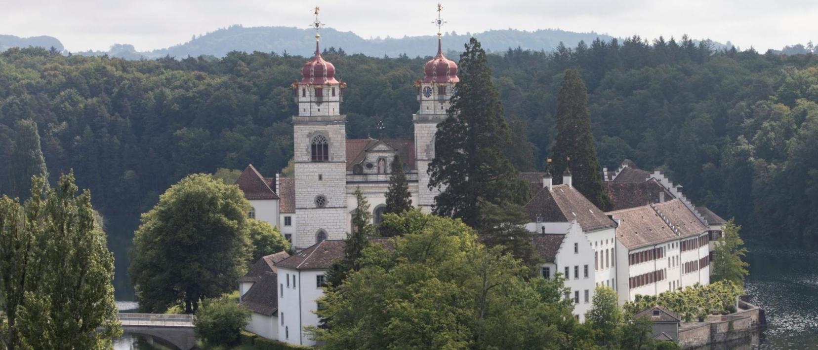 Blick auf die Klosterinsel Rheinau mit Kirchtürmen, Fluss und Klostergebäuden