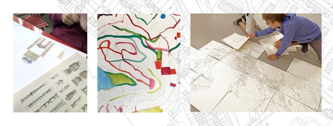Drei Bilder zeigen verschiedene Projekte mit Karten und Architektur.
