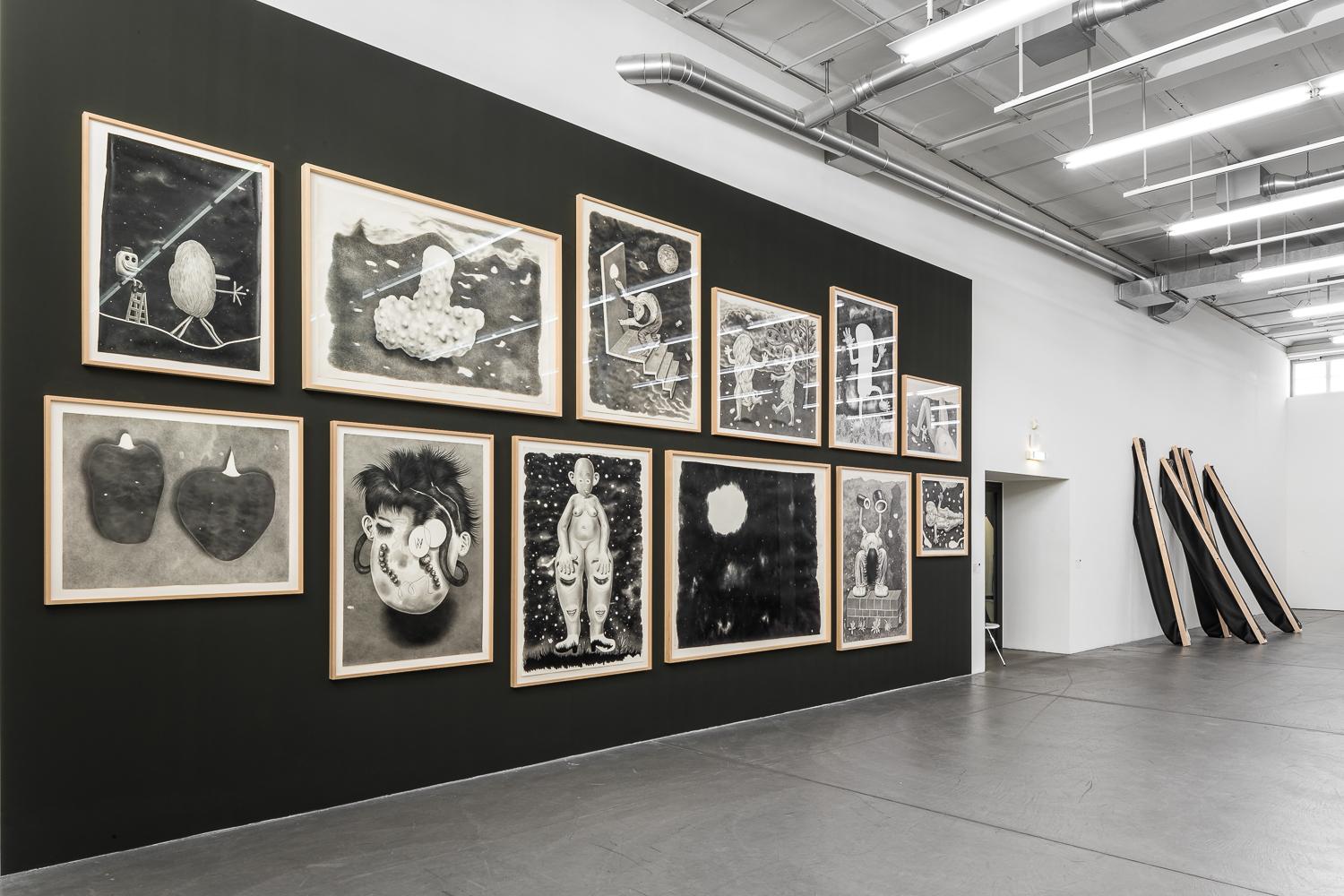 Raumansicht mit schwarzer Wand und schwarz-weiss Werken