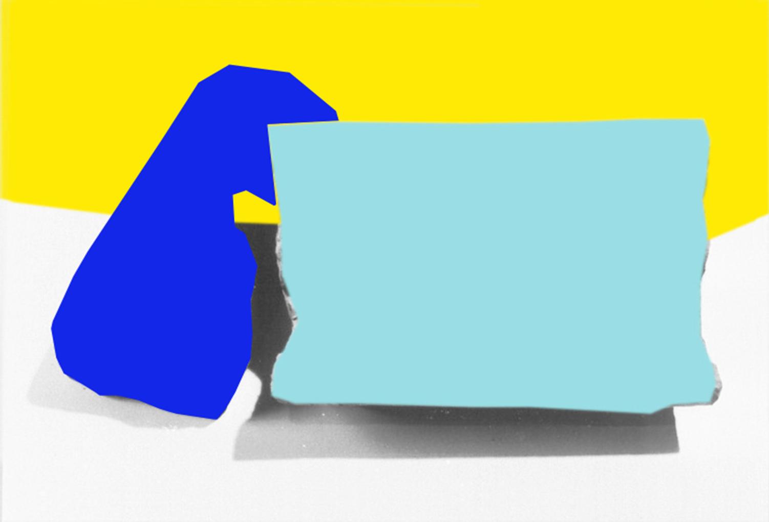 Collage: 2 Elemente h'blau und königslbau auf Hintergrund grau und gelb