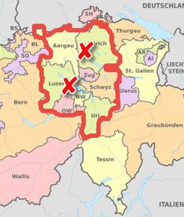 Karte Schweiz Teilausschnitt, Zürich und Luzern angekreuzt