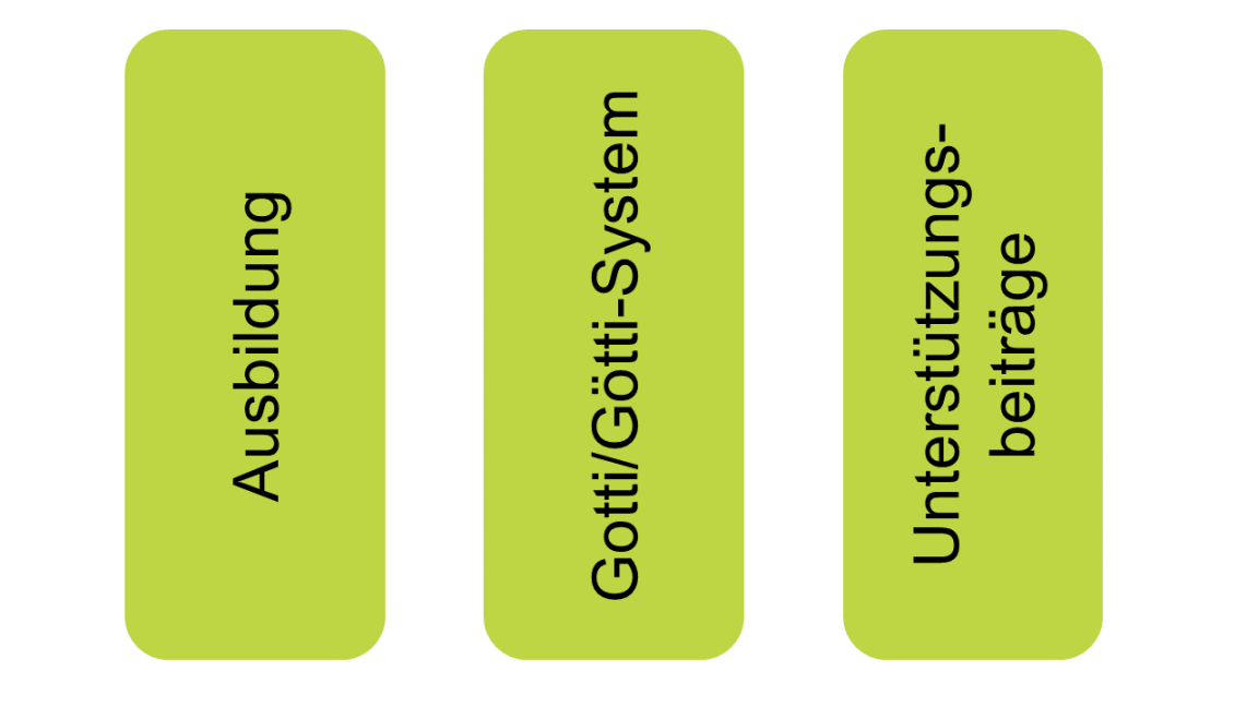 Die drei 1418coach Bausteine: Ausbildung, Götti/Gotti-Systen und Unterstützungsbeiträge