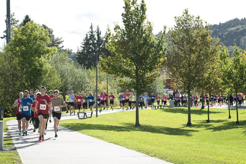 Erwachsene Sportlerinnen und Sportler mit Startnummern Joggen im Park.