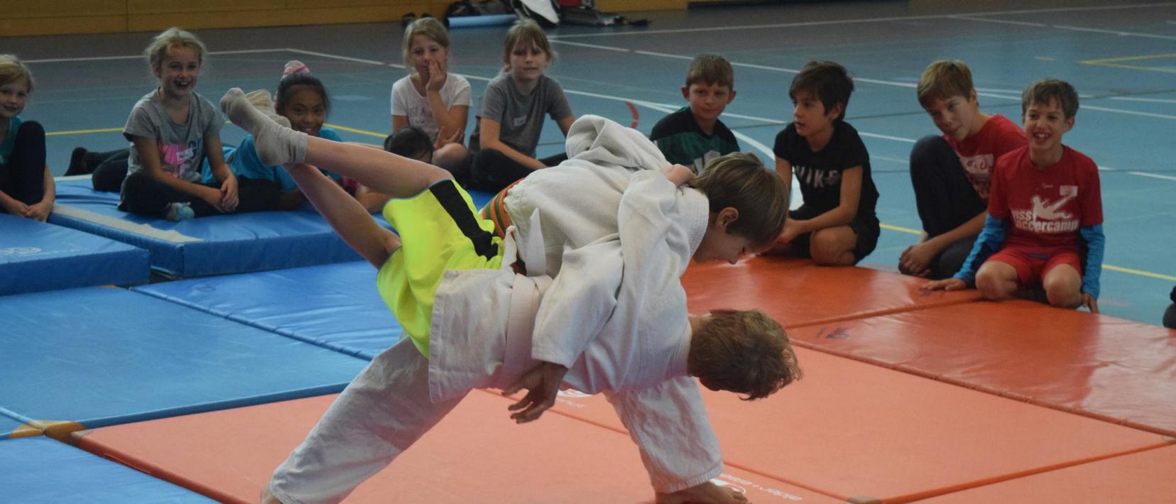 zwei Knaben machen auf Matten in einer Turnhalle Judo, weitere Kinder schauen begeistert zu