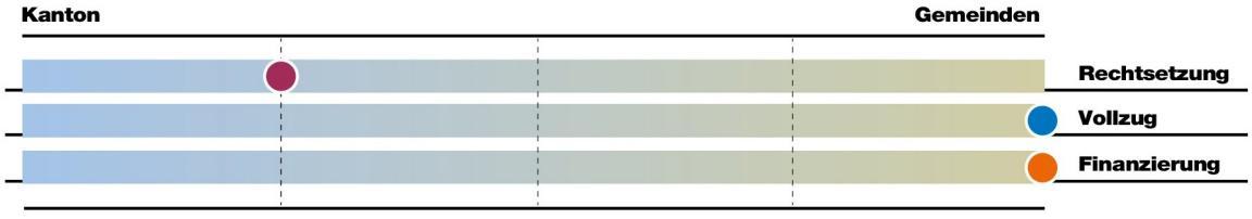 Bei der Aufgabe Fakultative Angebote liegt die Rechtsetzung mehrheitlich beim Kanton, der Vollzug und die Finanzierung liegen vorwiegend bei den Gemeinden.