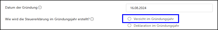 Das Bild zeigt die Option «Verzicht im Gründungsjahr», welche in den Stammdaten der Steuererklärung zu finden ist